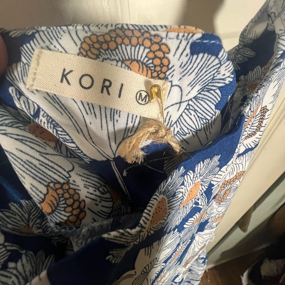 KORI NWT Blue Floral Wide Leg Jumpsuit Ruffle Strap Tie Front Boho medium - Picture 8 of 10
